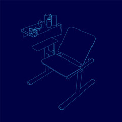 Blue chair with a shelf underneath it. The shelf has a bottle of medicine on it. The chair is empty