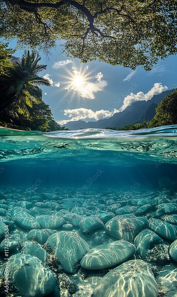 Poster underwater rocks in tropical river with sunrays through lush trees and mountains : generative ai