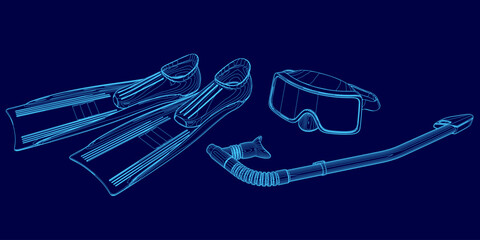 Blue image of a pair of flippers, goggles, and a snorkel. The image is a close up of the equipment, with the flippers on the left side, the goggles on the right side © German Ovchinnikov