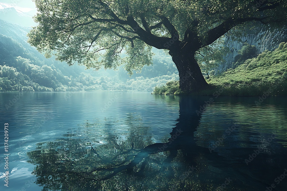 Poster idyllic tree by mountain lake offering peaceful reflection at sunset in tranquil setting : generativ