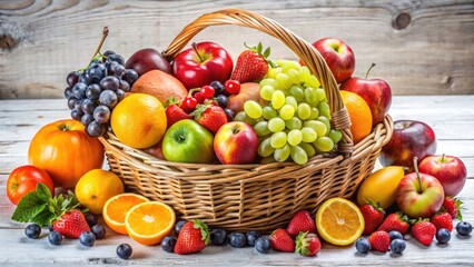 A colorful still life: fresh fruit overflows a basket, sharply detailed against a pure white background.