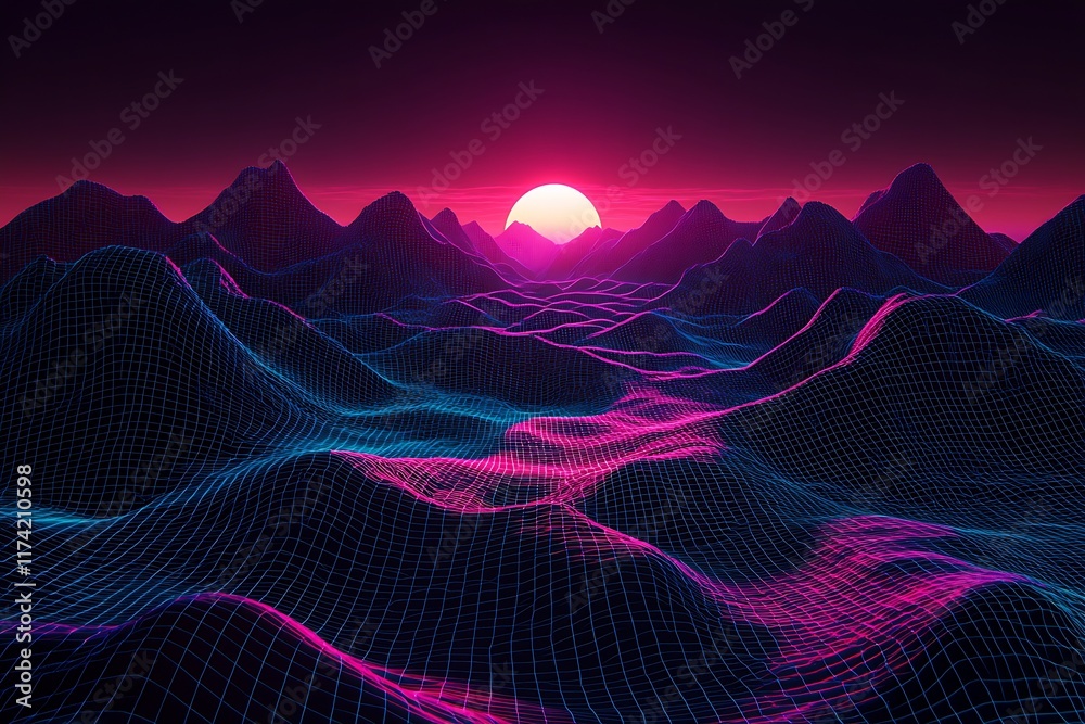 Poster Vibrant Cyberpunk Synthwave Landscape with Digital Grid Mountains at Sunset : Generative AI