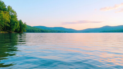 Serene lake view with mountains and trees at sunset.
