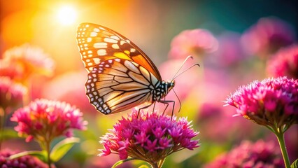 Aerial drone photography captures a breathtaking close-up of a butterfly on a pink bloom.