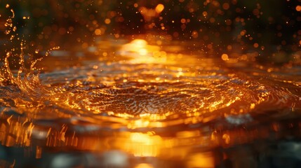 A close-up view of water creating ripples with golden light reflections.