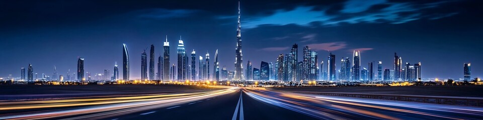 Fototapeta premium Panoramic Night Skyline of a Vibrant Metropolis with an Emphasis on Architectural Grandeur : Generative AI