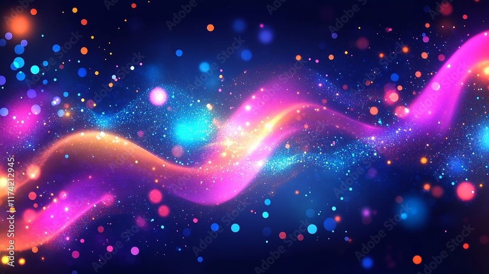Fototapete Mesmerizing Twisting Neon Wave with Sparkling Dots on Bold Dark Background : Generative AI