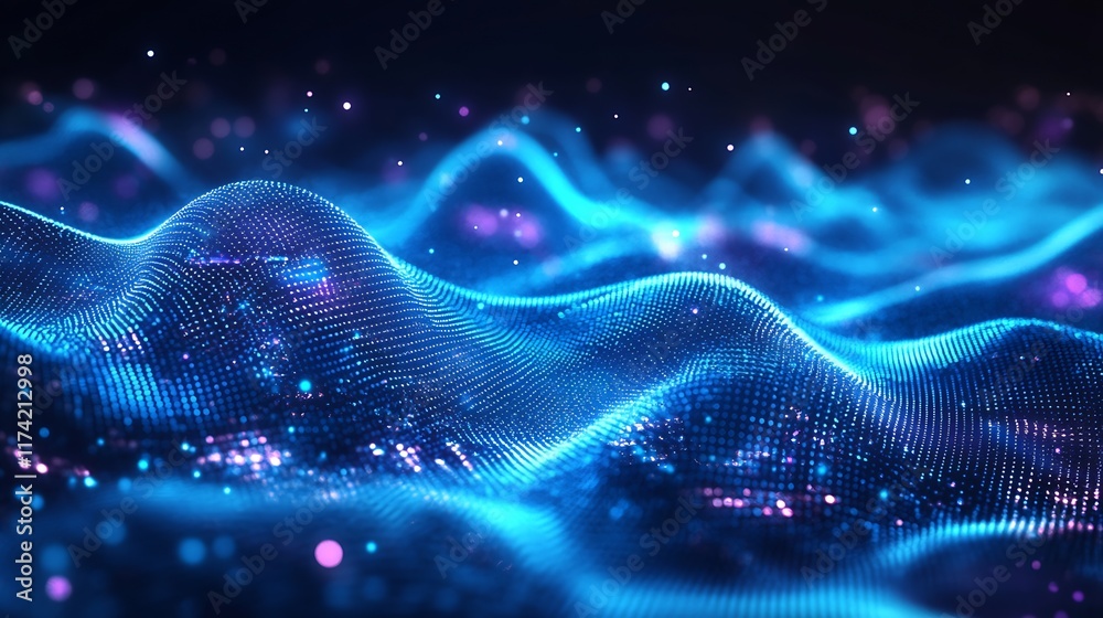 Poster dynamic digital landscapes with blue neon waves and glowing particles : generative ai