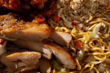 A top down view of a Chinese fast food combo plate, as a background.