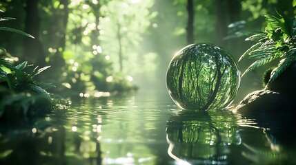 Serene Forest Scene with Reflection Sphere in Sunlit Water : Generative AI
