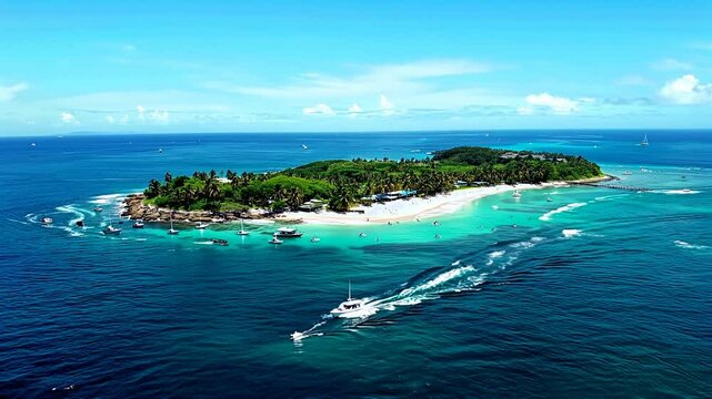 Aerial view of a beautiful island surrounded by ocean, with boats passing by on a sunny day. Generative ai