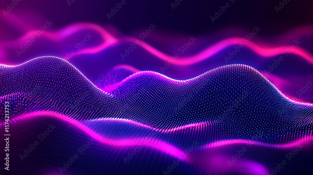 Poster neon abstract digital waves artwork with pink purple futuristic design for tech backgrounds : genera