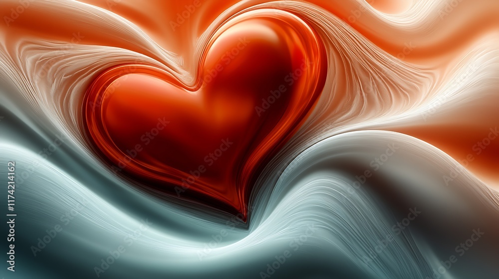 Poster dynamic swirling abstract heart in red with blue flowing waves for artistic valentine projects : gen
