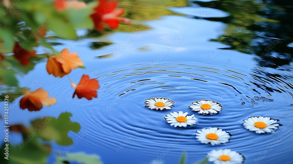 Poster autumn leaves and daisies creating serene water reflection scene : generative ai