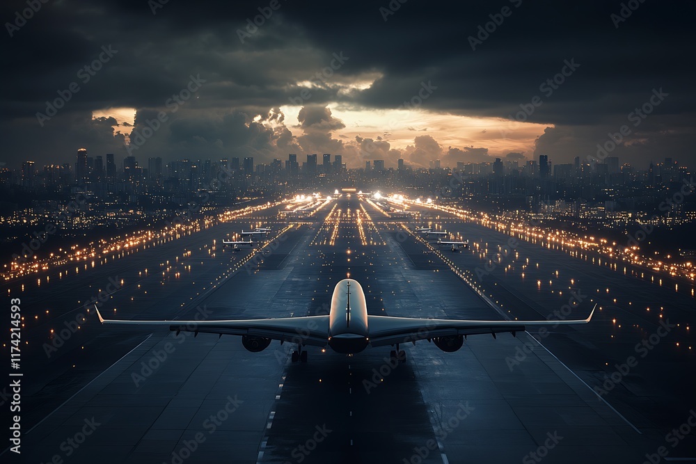 Poster airplane on illuminated runway at dusk with cityscape backdrop and dramatic cloudy sky : generative 