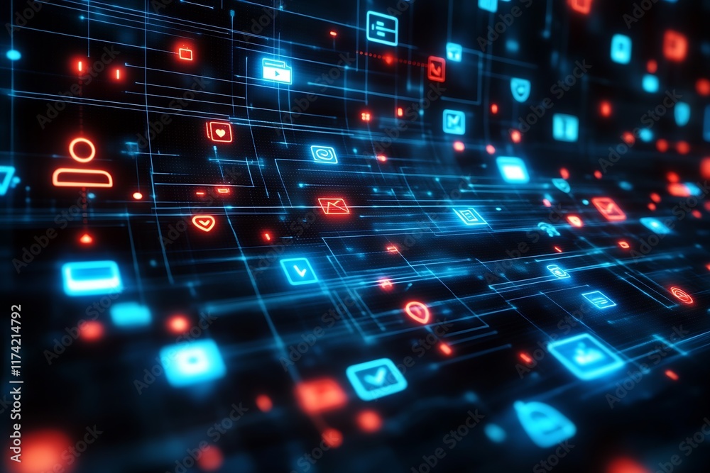 Poster Futuristic Digital Interface with Glowing Blue and Red Communication Icons : Generative AI