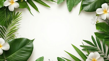 Naklejka premium A decorative arrangement of tropical leaves and flowers framing a blank space.