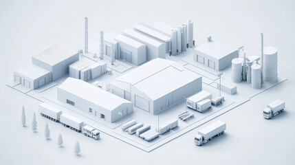 3D rendering of white modern factory area with parked logistics vehicles