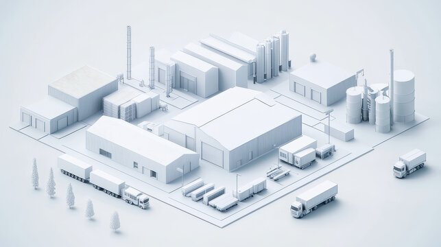 3D rendering of white modern factory area with parked logistics vehicles