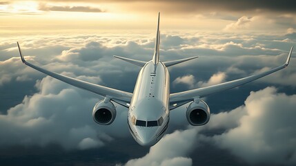 Fototapeta premium Passenger Airplane Soaring Above Cloud layer at Sunrise with Horizon View : Generative AI