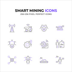 A collection of 12 pixel-perfect icons representing smart mining technology and automation.