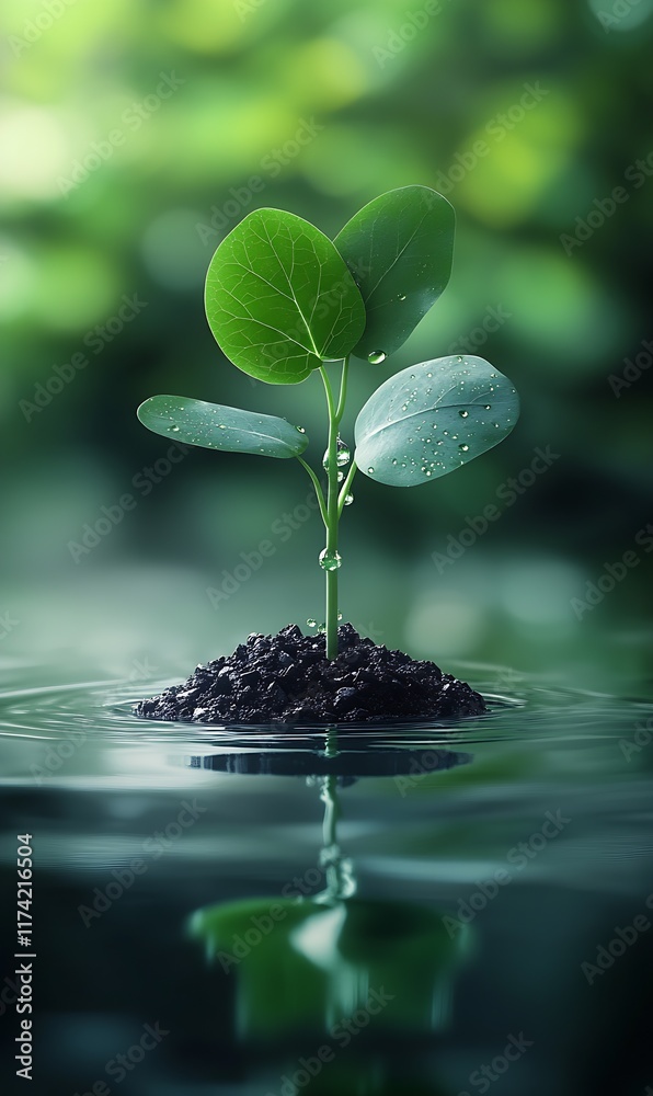 Poster growth of young sapling with dew on soil island amidst rippling water : generative ai