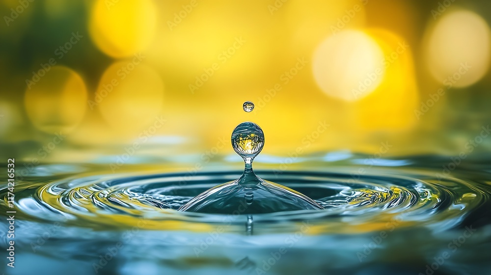 Poster serene water droplet landing with perfect ripples and bright bokeh background in nature : generative
