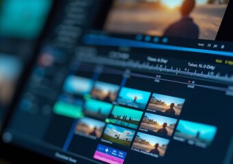 Editing process on a computer screen during sunset at a creative workspace