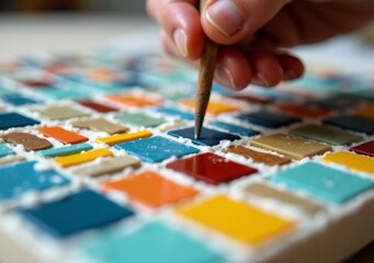 Naklejka premium Crafting colorful mosaic tiles in a creative workspace filled with vibrant materials