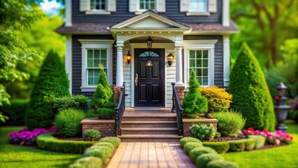 Obraz premium Charming miniature house, black front door, tilt-shift photography; a timeless scene.