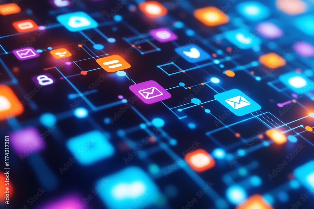 Poster Colorful digital blockchain network with a glowing futuristic interface : Generative AI