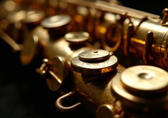 Close-up view of brass saxophone keys showcasing intricate craftsmanship and design