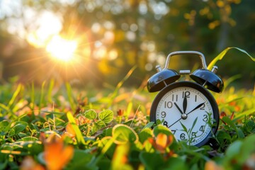 Time Flies: Clock in Grass with Sunset