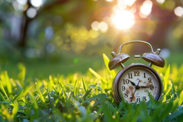 Vintage Alarm Clock in Grassy Field with Sunlit Background