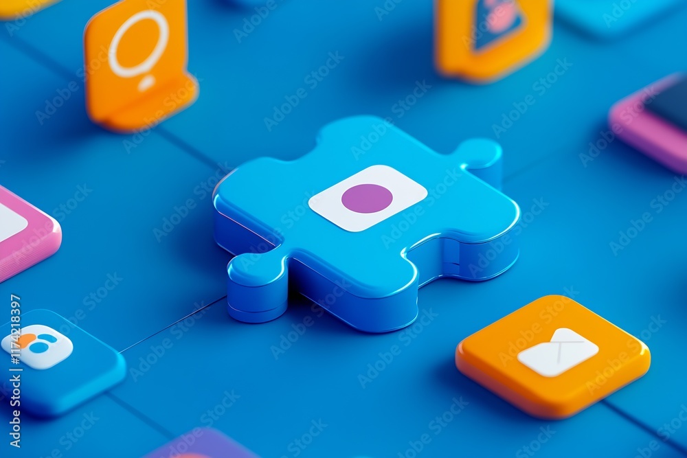 Aufkleber Digital puzzle piece with colorful icons on blue background : Generative AI