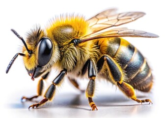 Close-up studio shot: a honeybee, sharply detailed, against a stark white backdrop.