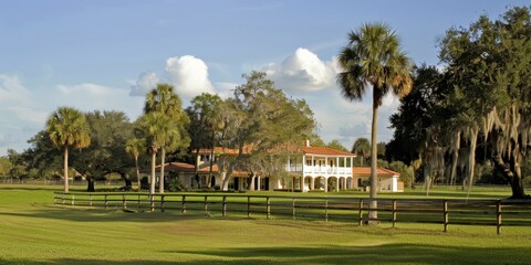 Southern Estate with Palm Trees and a Wooden Fence