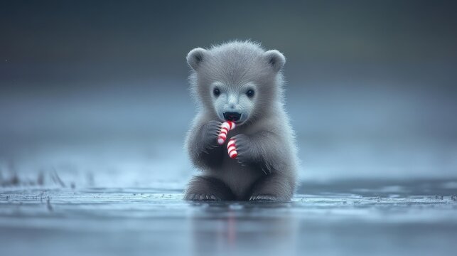 Adorable polar bear cub sitting on ice, enjoying a candy cane. - Powered by Adobe