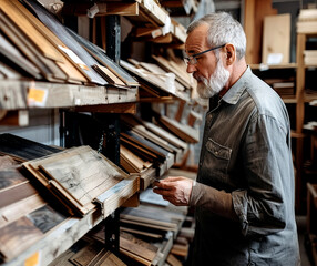 An elderly artisan inspects wooden panels in a traditional woodshop filled with various timber selections. His experienced hands showcase dedication