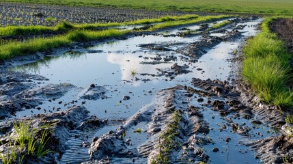 Naklejka premium Muddy Path with Water Puddles and Green Grass