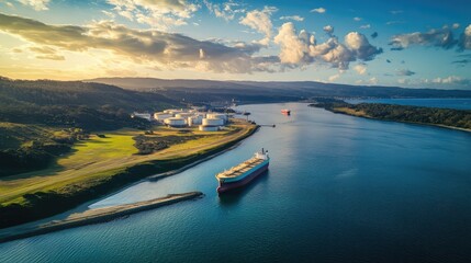Fototapeta premium Aerial view of a coastal LPG storage facility with tankers anchored nearby