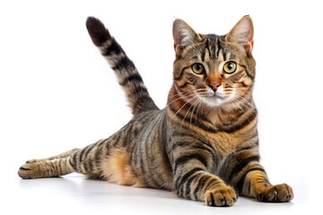 Crisp, high-resolution image: a lone tabby cat, elegantly stretching, framed by the rule of thirds.