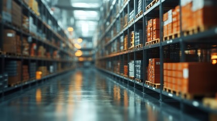 Extensive Warehouse Inventory Management System: Rows of Organized Shelves and Boxes in a Large Distribution Center. generative ai