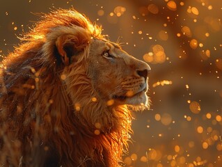 Naklejka premium A majestic lion gazes into the distance, surrounded by a warm, glowing atmosphere.