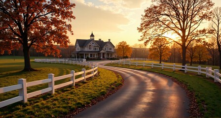Opulent Homes on Sprawling Acreage: Winding Gated Road with White Fence at Sunset.