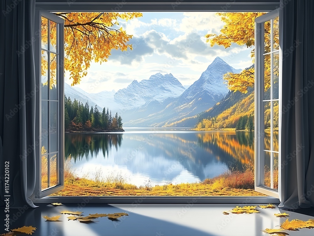 Poster serene autumn mountain lake view through an open window capturing seasonal beauty : generative ai