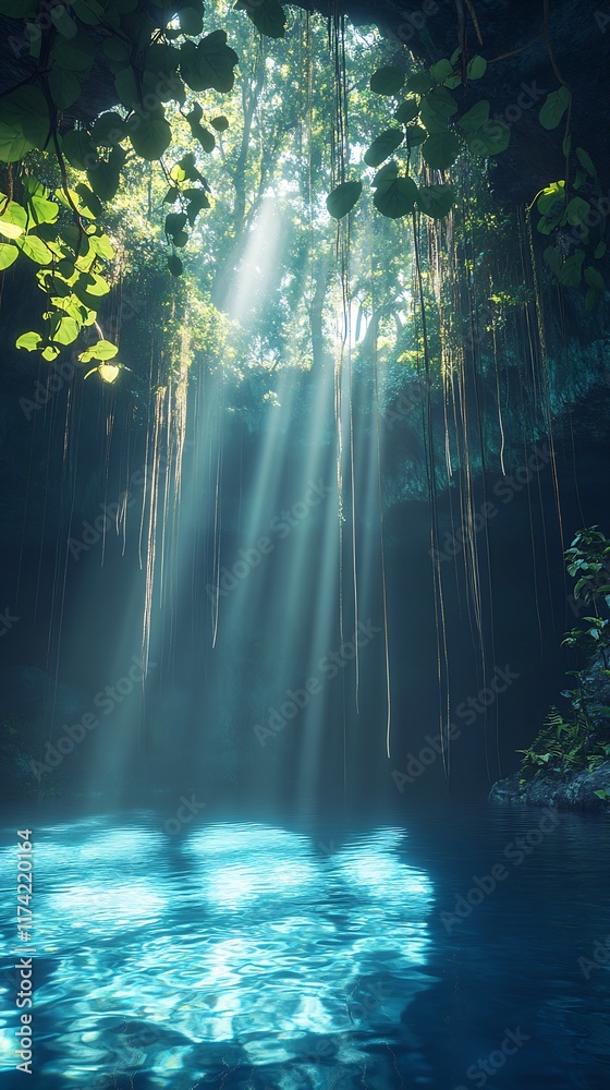 Poster Enchanting Cave Pool Illuminated by Sunlight with Hanging Vines and Greenery : Generative AI