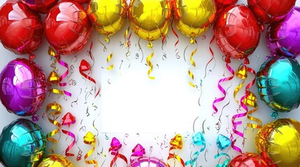 Colorful balloons and streamers frame a blank space for celebration announcements or invitations.