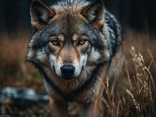Fototapeta premium Majestic wolf portrait crafted in a detailed and artistic style, showcasing its piercing gaze and natural beauty, ideal for wildlife enthusiasts and creative projects.