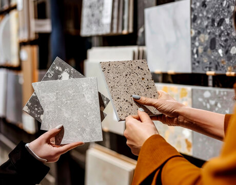 Women compare material samples in a design studio, showcasing different textures and colors for potential project selections